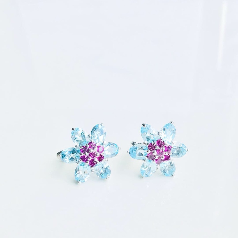 925 Sterling Silver Aquamarine and Ruby earrings.